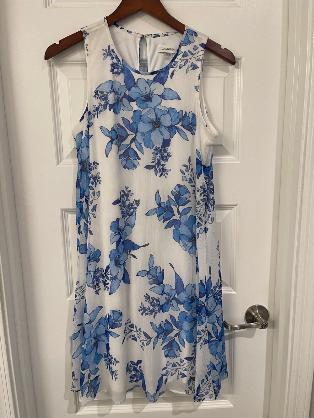 Calvin Klein White Mini Dress with Blue Floral Pattern